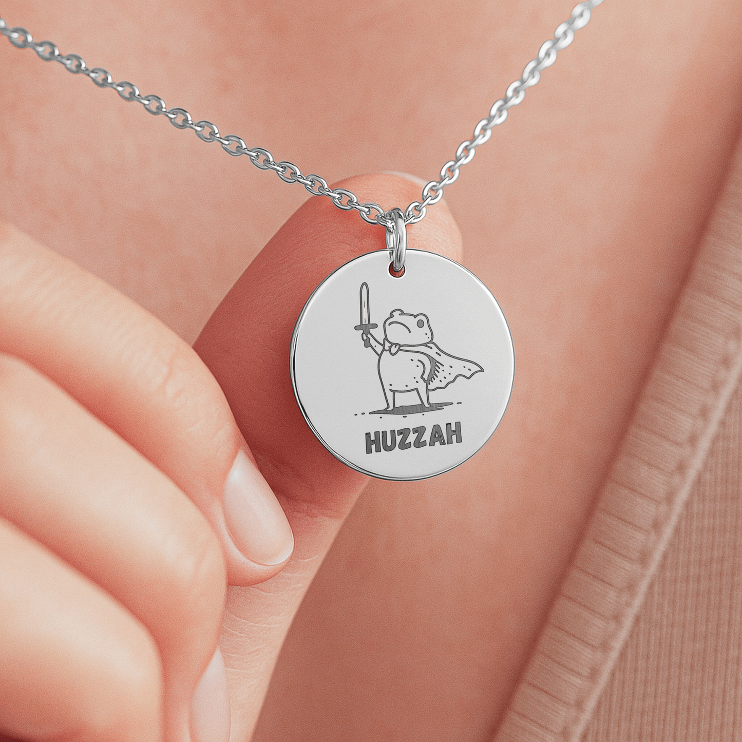 Huzzah Frog Necklace: Engraved Funny Gaming Pendant, Renaissance Faire Frog, Medieval Fantasy Gamer Gift