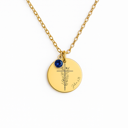Floral Cross Necklace with Birthstone: Personalized Bible Verse Necklace for Baptism, First Communion, or Prayer Gift