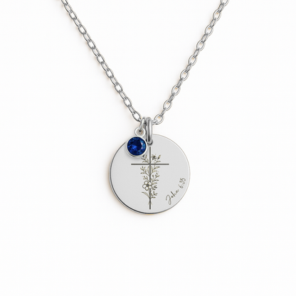 Floral Cross Necklace with Birthstone: Personalized Bible Verse Necklace for Baptism, First Communion, or Prayer Gift