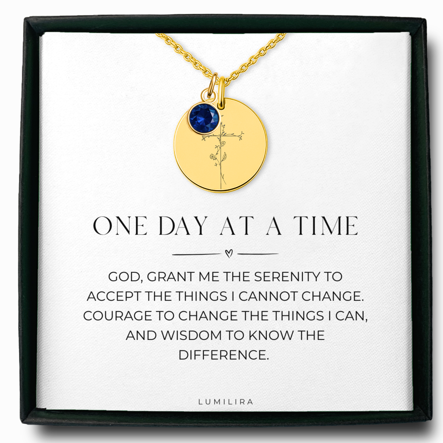 Serenity Prayer Cross Necklace: Flower and Birthstone Pendant, One Day at a Time Recovery Gift