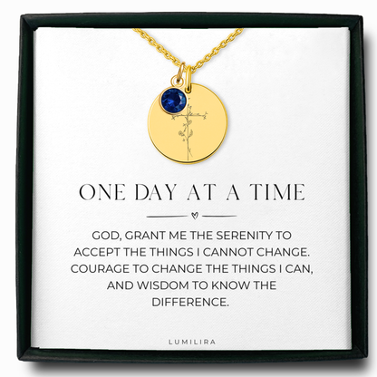 Serenity Prayer Cross Necklace: Flower and Birthstone Pendant, One Day at a Time Recovery Gift
