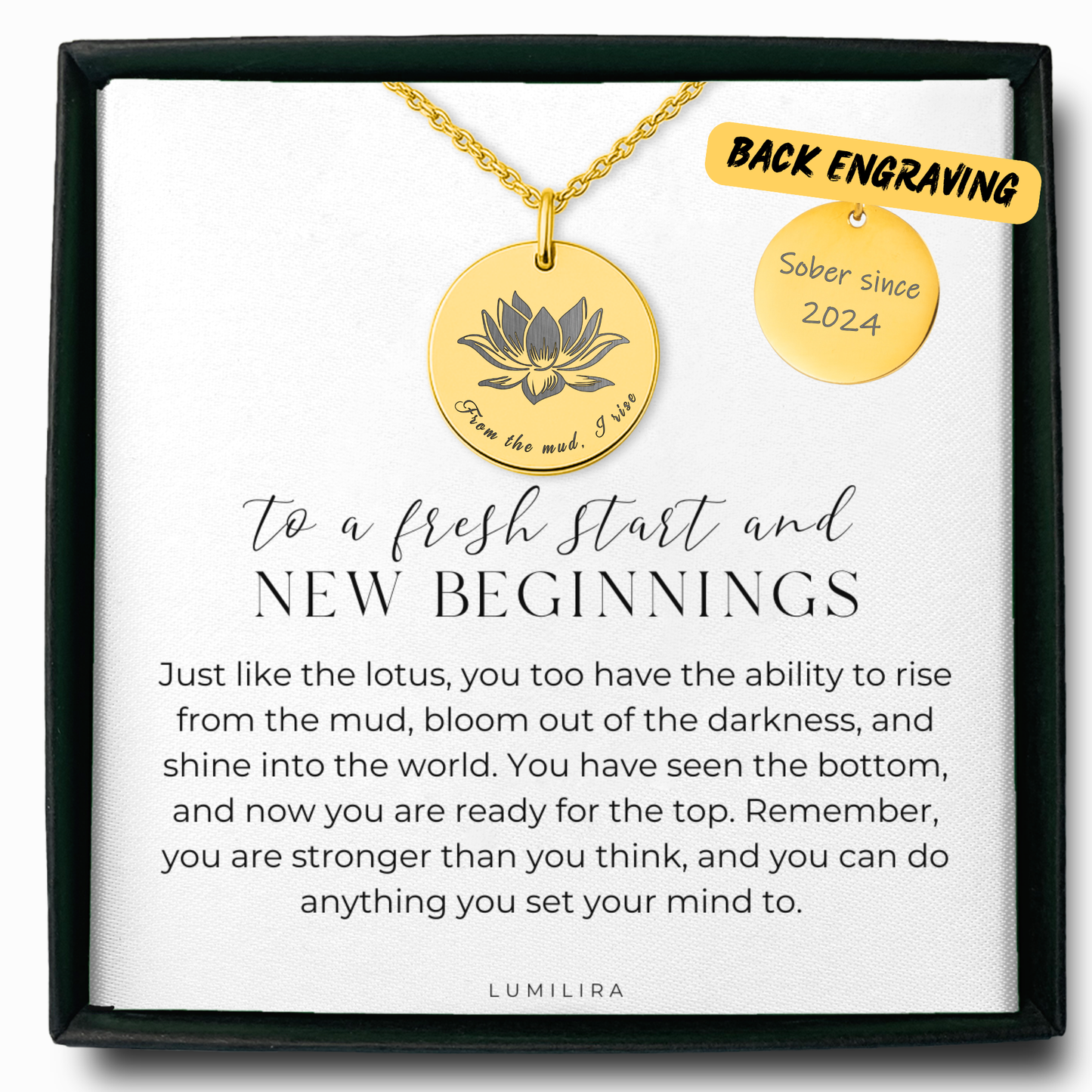 Lotus Flower Necklace: From the Mud I Rise Sobriety Gift for New Beginnings and Recovery
