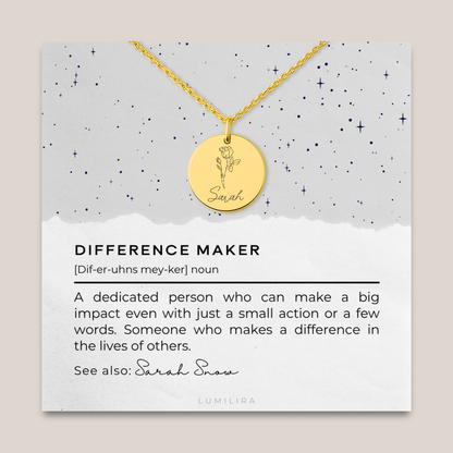 Personalized Difference Maker Necklace, Difference Maker Gift, Difference Maker Definition Gift, Mentor Appreciation Gift, Leader Gift, Birth Flower Necklace