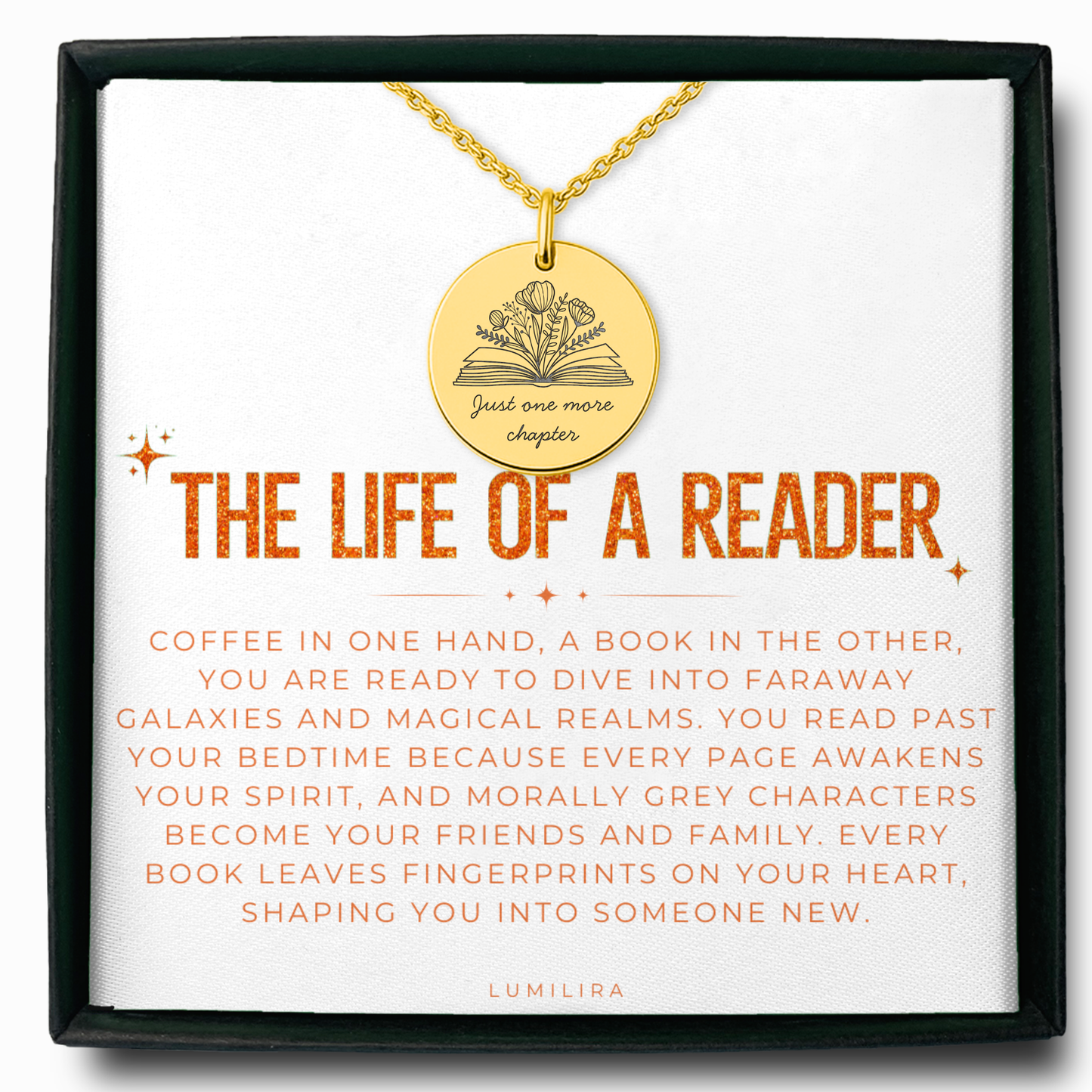 Just One More Chapter Necklace – Gold Book Lover Jewelry Gift for Readers and Librarians