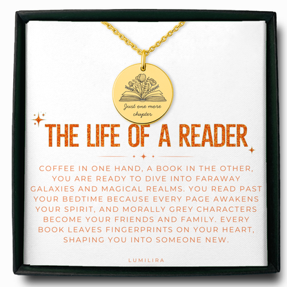 Just One More Chapter Necklace – Gold Book Lover Jewelry Gift for Readers and Librarians