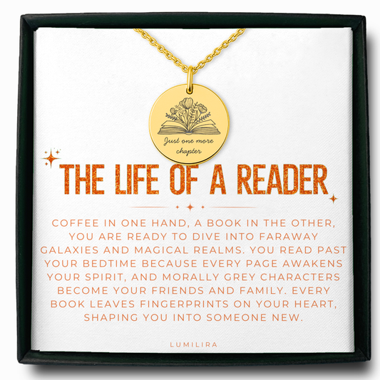 Just One More Chapter Necklace – Gold Book Lover Jewelry Gift for Readers and Librarians