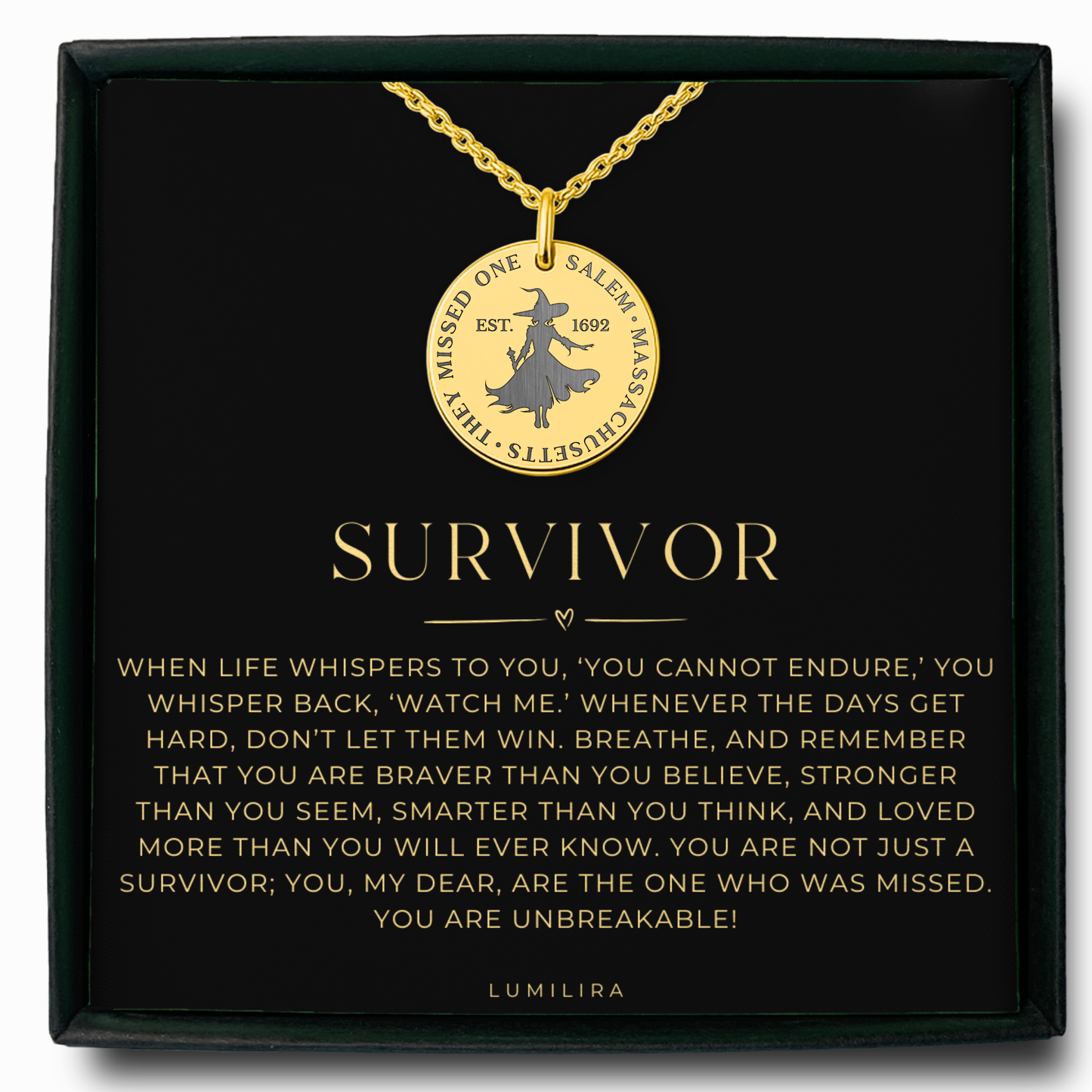 They Missed One” Necklace: Salem Massachusetts Witch Jewelry, Survivor Warrior Necklace, Encouragement Halloween Jewelry