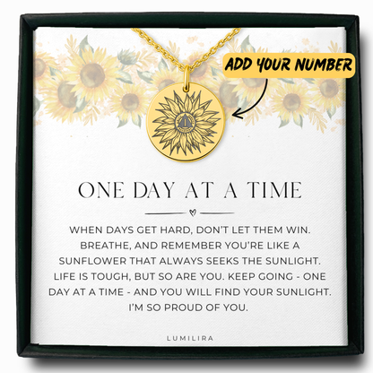 Sobriety Anniversary Gift – Sunflower Necklace with Custom Milestone Number, Encouragement Jewelry for Recovery