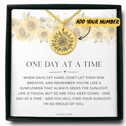 Sobriety Anniversary Gift – Sunflower Necklace with Custom Milestone Number, Encouragement Jewelry for Recovery