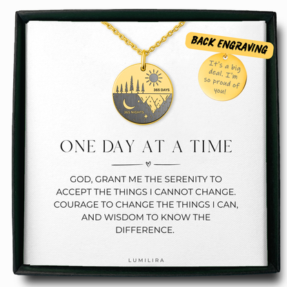365 Days Sobriety Necklace – One Day at a Time Recovery Jewelry with Serenity Prayer Card, Sobriety Anniversary Gift