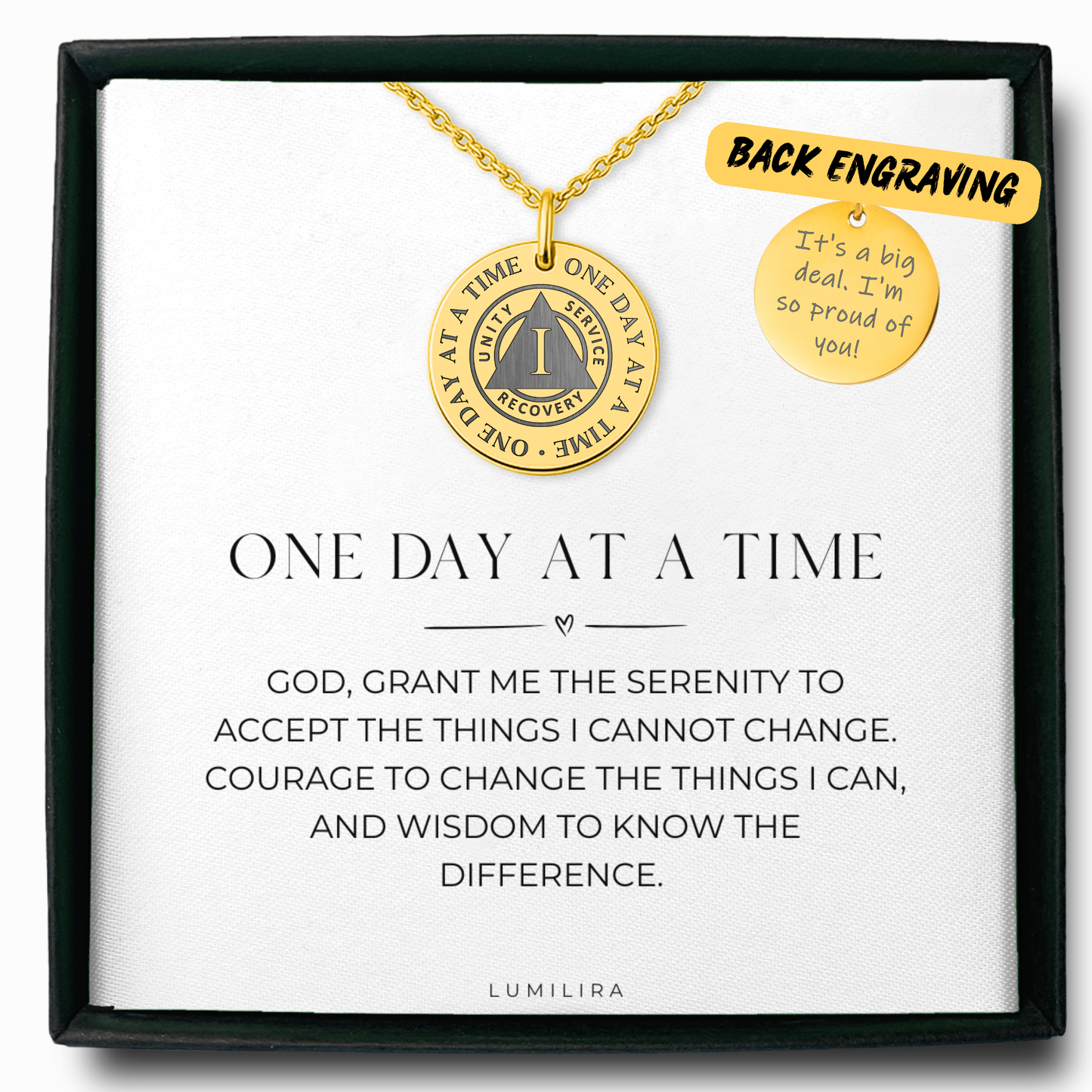 Sobriety Coin Necklace – One Day at a Time Recovery Jewelry with Serenity Prayer, Sobriety Milestone Gift for AA or NA