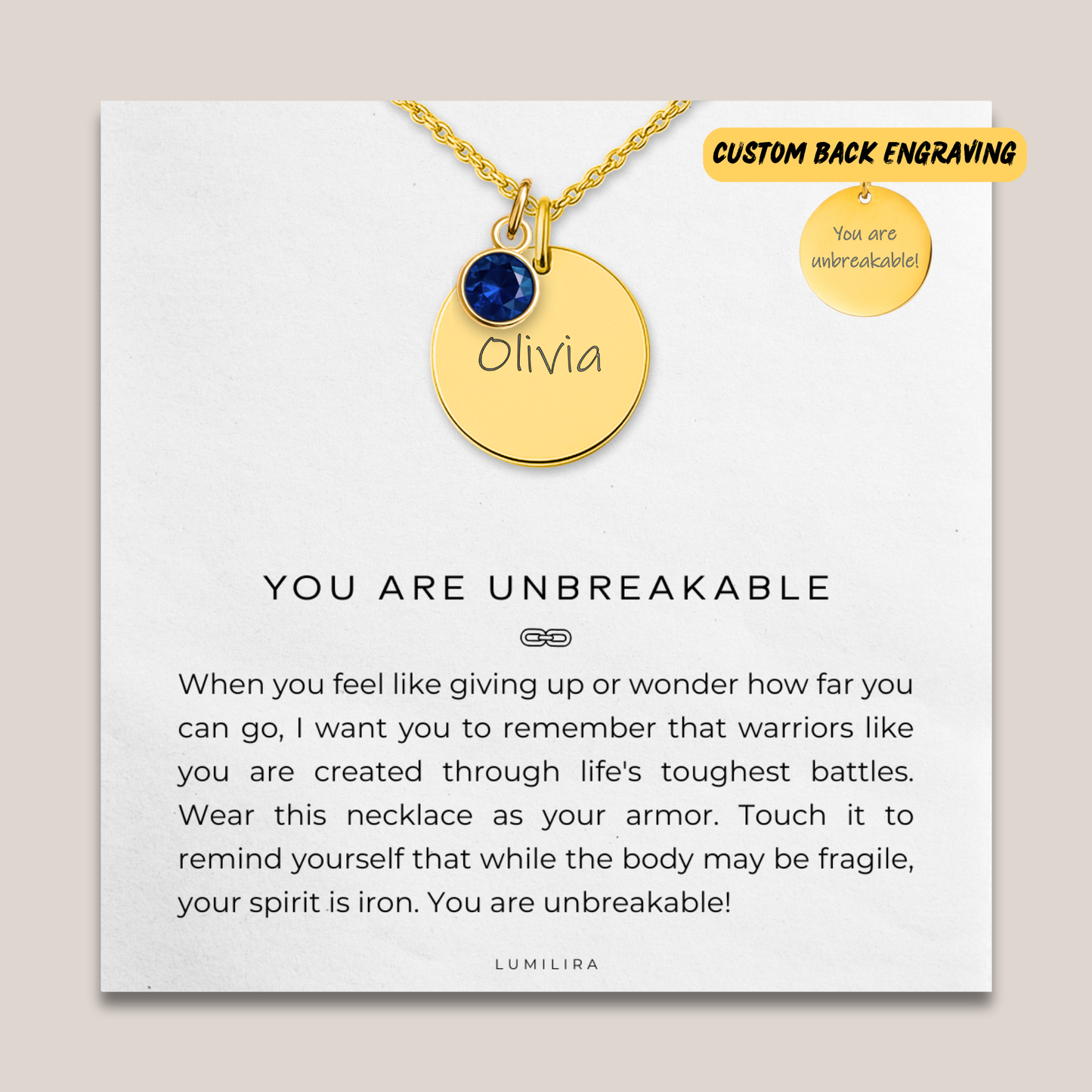 Custom Name Necklace with Birthstone: You Are Unbreakable Encouragement Gift for Her, Wife, Daughter, Friend, Coworker, Survivor, Warrior