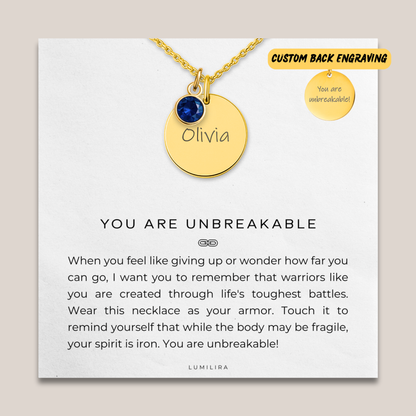 Custom Name Necklace with Birthstone: You Are Unbreakable Encouragement Gift for Her, Wife, Daughter, Friend, Coworker, Survivor, Warrior