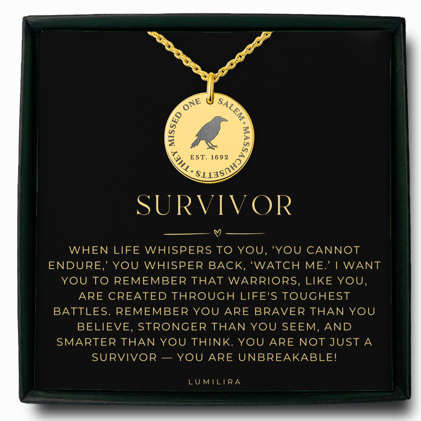 Salem Crow Necklace, “They Missed One” Jewelry, Gothic Raven Necklace, Survivor Warrior Jewelry, Encouragement Necklace, Halloween Gift