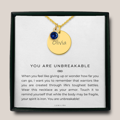 Custom Name Necklace with Birthstone: You Are Unbreakable Encouragement Gift for Her, Wife, Daughter, Friend, Coworker, Survivor, Warrior