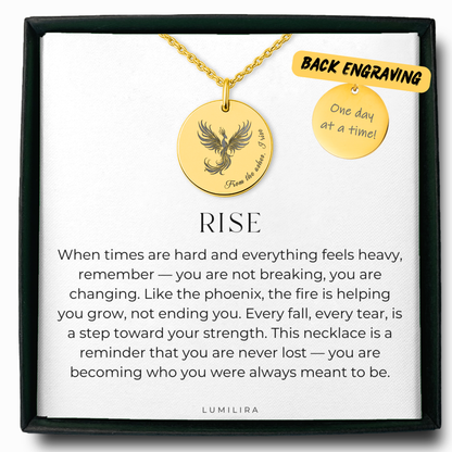 Engraved Phoenix Necklace – Rise Medallion, Encouragement Gift for Recovery & Divorce