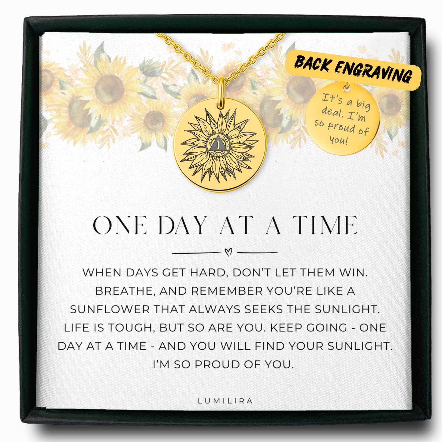 Sunflower Sobriety Necklace – Custom Number Recovery Jewelry, Sobriety Anniversary Gift for AA or NA Milestone