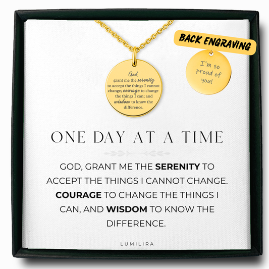 Serenity Prayer Necklace: One Day at a Time Recovery Gift, Engraved Faith Pendant for Strength and Courage