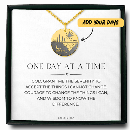 One Day at a Time Necklace – 365 Days and Nights Sobriety Gift with Serenity Prayer, Recovery Milestone Jewelry