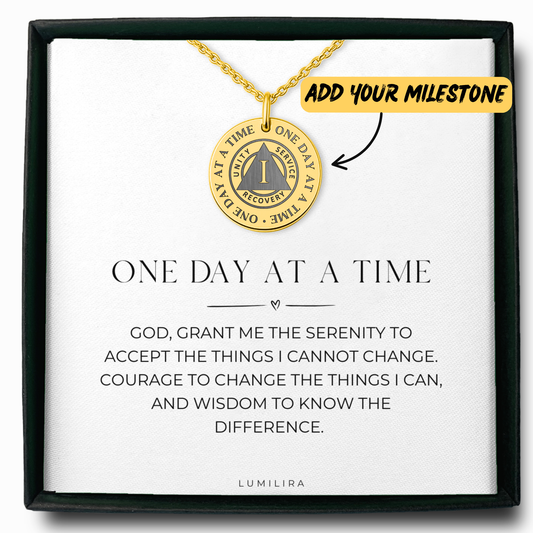 One Day at a Time Necklace – Personalized Sobriety Coin Jewelry with Serenity Prayer, Recovery Milestone Gift
