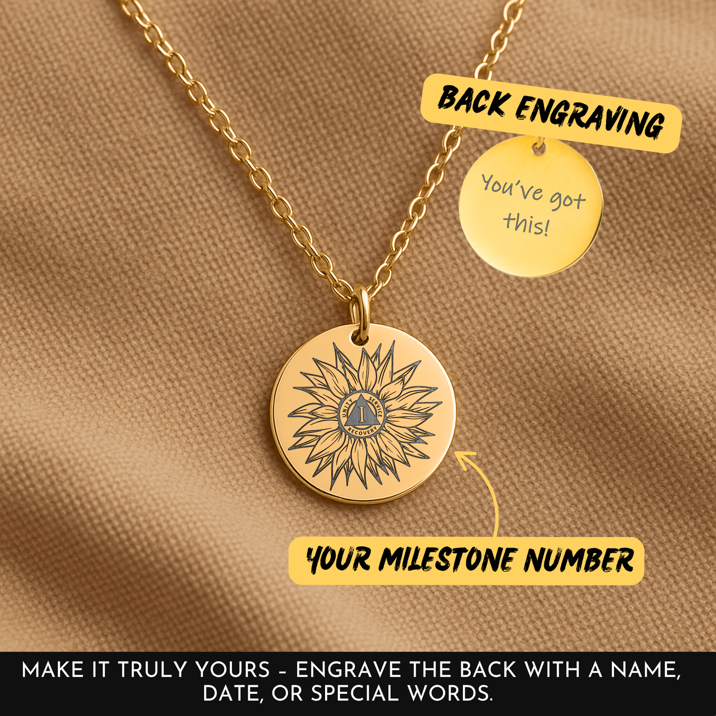 Sobriety Anniversary Gift – Sunflower Necklace with Custom Milestone Number, Encouragement Jewelry for Recovery