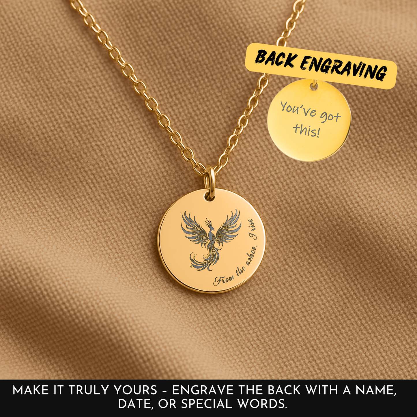 Engraved Phoenix Necklace – Rise Medallion, Encouragement Gift for Recovery & Divorce