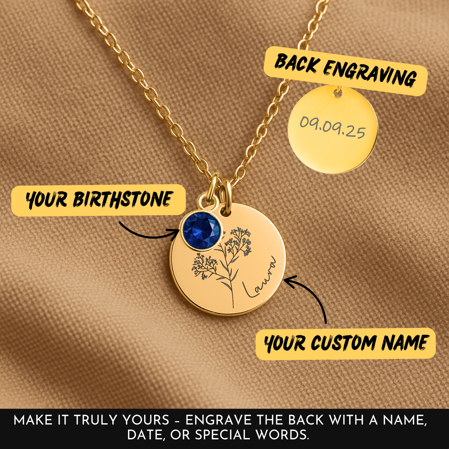 Baby’s Breath Necklace with Birthstone and Name – Memorial Jewelry for Moms