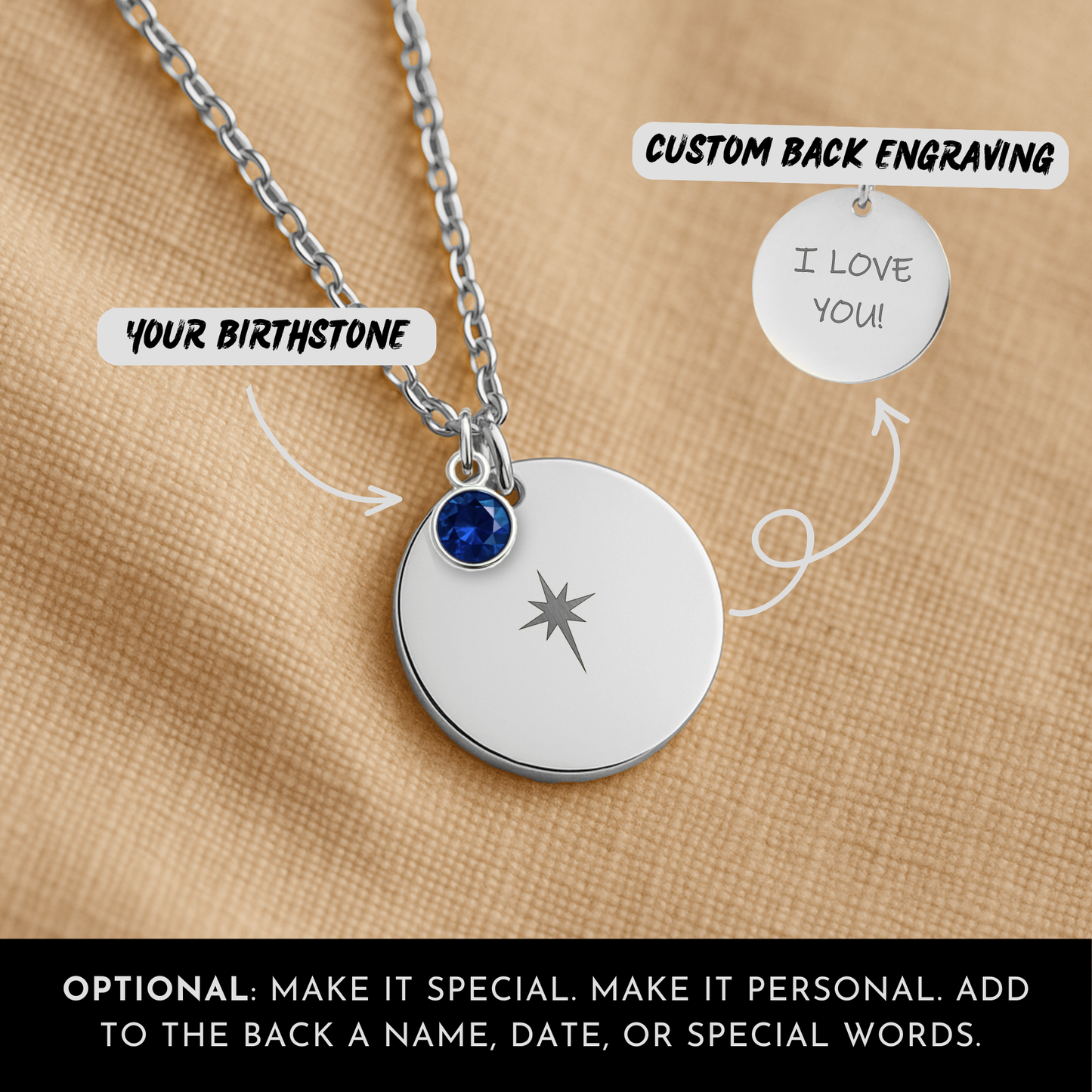 North Star Necklace for Best Friend: Celestial Compass Jewelry with Custom Birthstone
