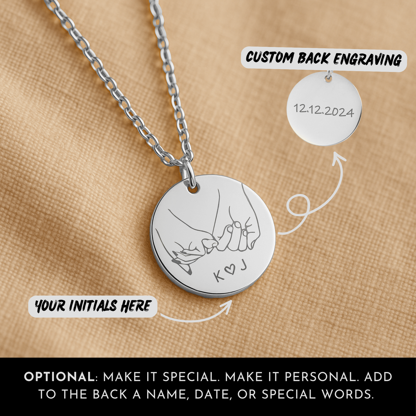 Pinky Promise Necklace with Custom Initials and Back Engraving: Funny Pinky Swear Jewelry Gift for Wife, Girlfriend, Fiancée for Anniversary