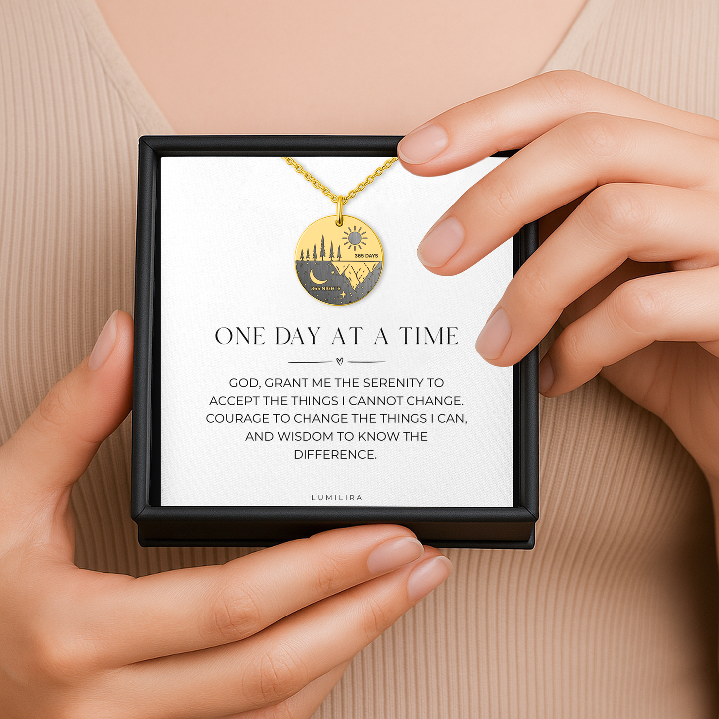 365 Days Sobriety Necklace – One Day at a Time Recovery Jewelry with Serenity Prayer Card, Sobriety Anniversary Gift