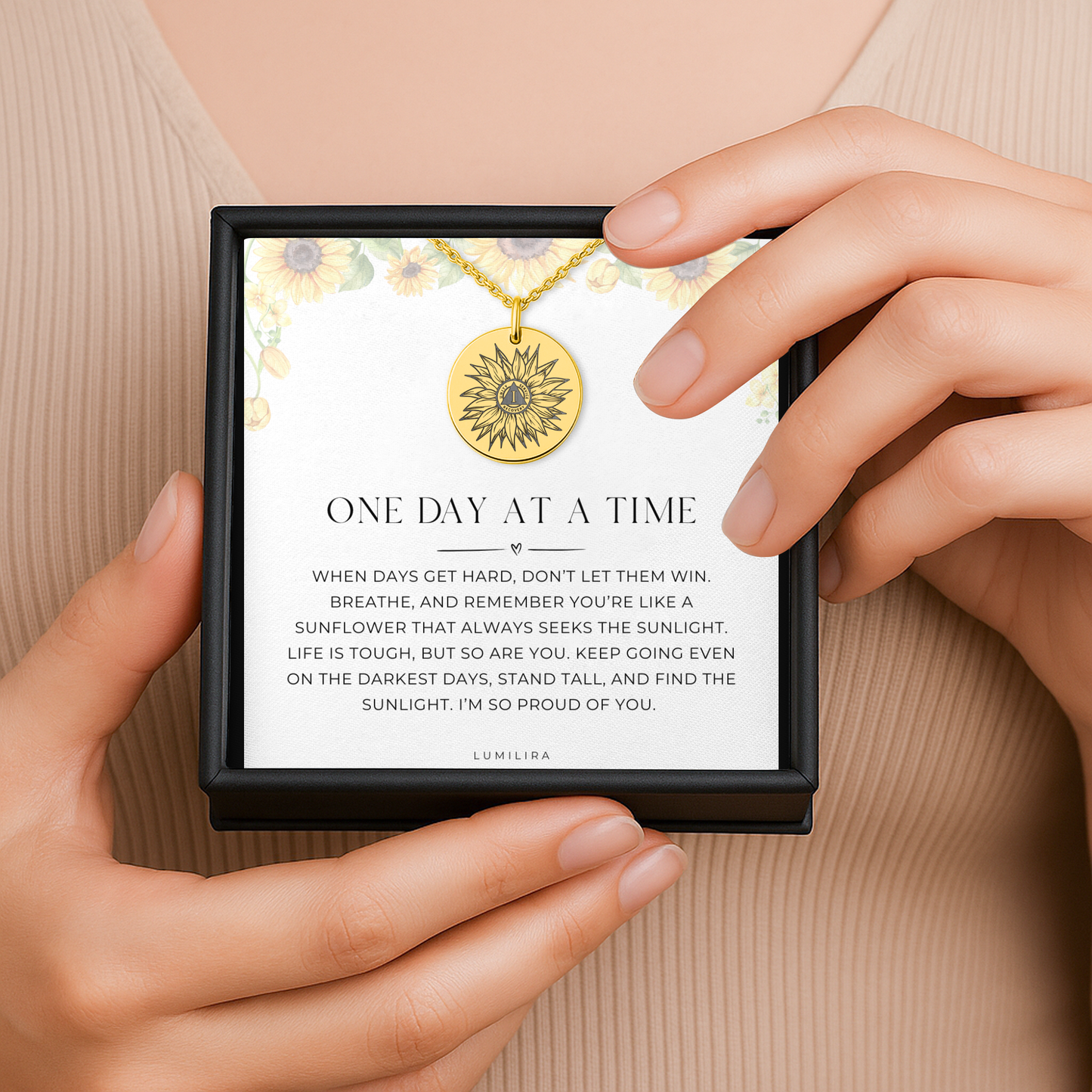 Addiction Recovery Gift – Personalized Sunflower Necklace with Sobriety Milestone Number, Sobriety Anniversary Jewelry