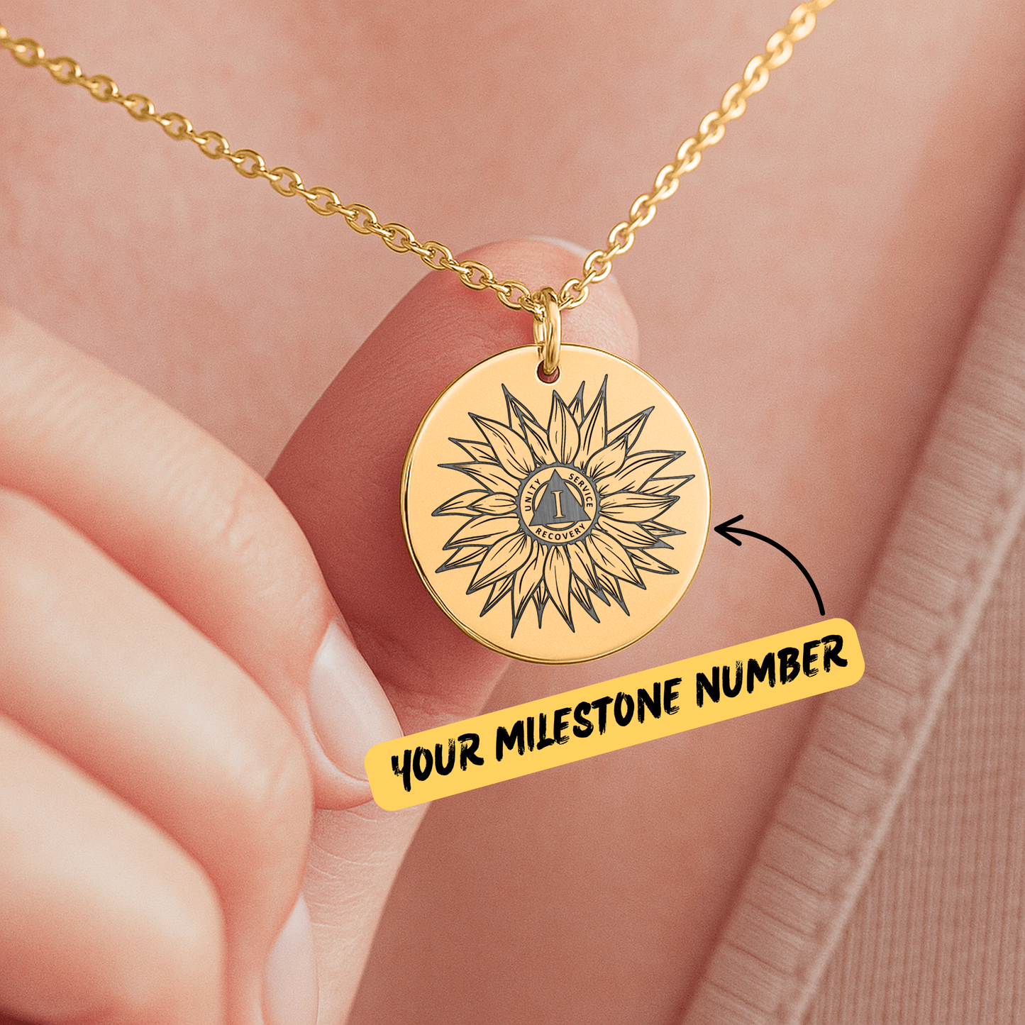 Sunflower Sobriety Necklace – Custom Number Recovery Jewelry, Sobriety Anniversary Gift for AA or NA Milestone