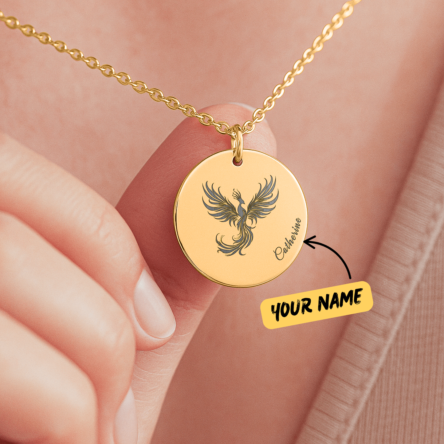 Engraved Phoenix Necklace with Name – Strength Medallion, Gift for Recovery & Fresh Starts