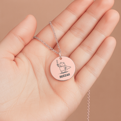 Huzzah Frog Necklace: Engraved Funny Gaming Pendant, Renaissance Faire Frog, Medieval Fantasy Gamer Gift