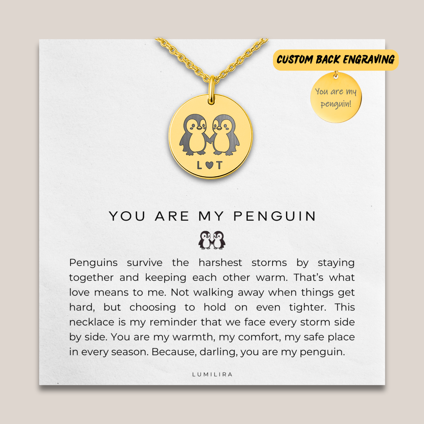 You Are My Penguin Necklace with Initials: Personalised Penguin Pendant Gift for Woman
