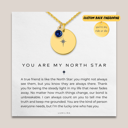 North Star Necklace Gift for Best Friend: Celestial Compass Pendant with Custom Birthstone