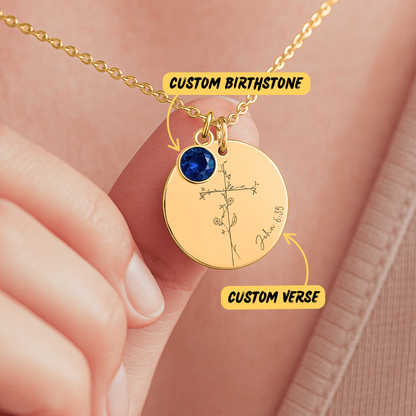 Personalized Christian Necklace for Women: Flower Cross Necklace with Birthstone, Engraved Bible Verse Religious Gift