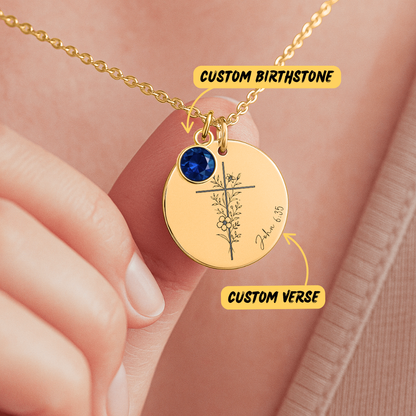 Floral Cross Necklace with Birthstone: Personalized Bible Verse Necklace for Baptism, First Communion, or Prayer Gift