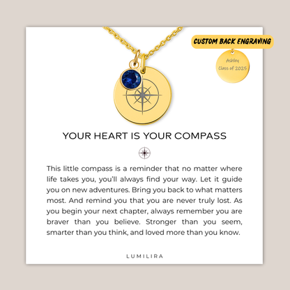 Personalized Compass Necklace with Birthstone: Graduation Gift for Her, College & High School Senior