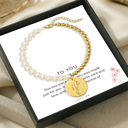 Personalised Custom Birth Flower Bracelet with Pearls, Birth Month Gifts, Maid of Honour Gift, Bridesmaids Gift, Christmas Gifts for Sister