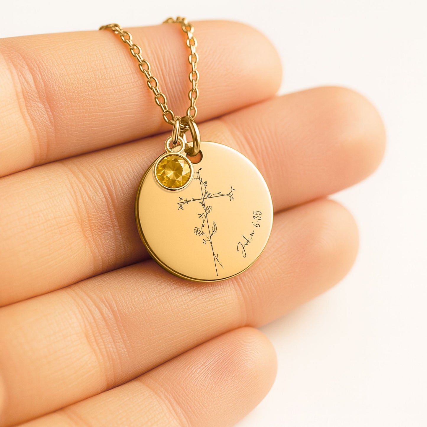 Personalized Christian Necklace for Women: Flower Cross Necklace with Birthstone, Engraved Bible Verse Religious Gift