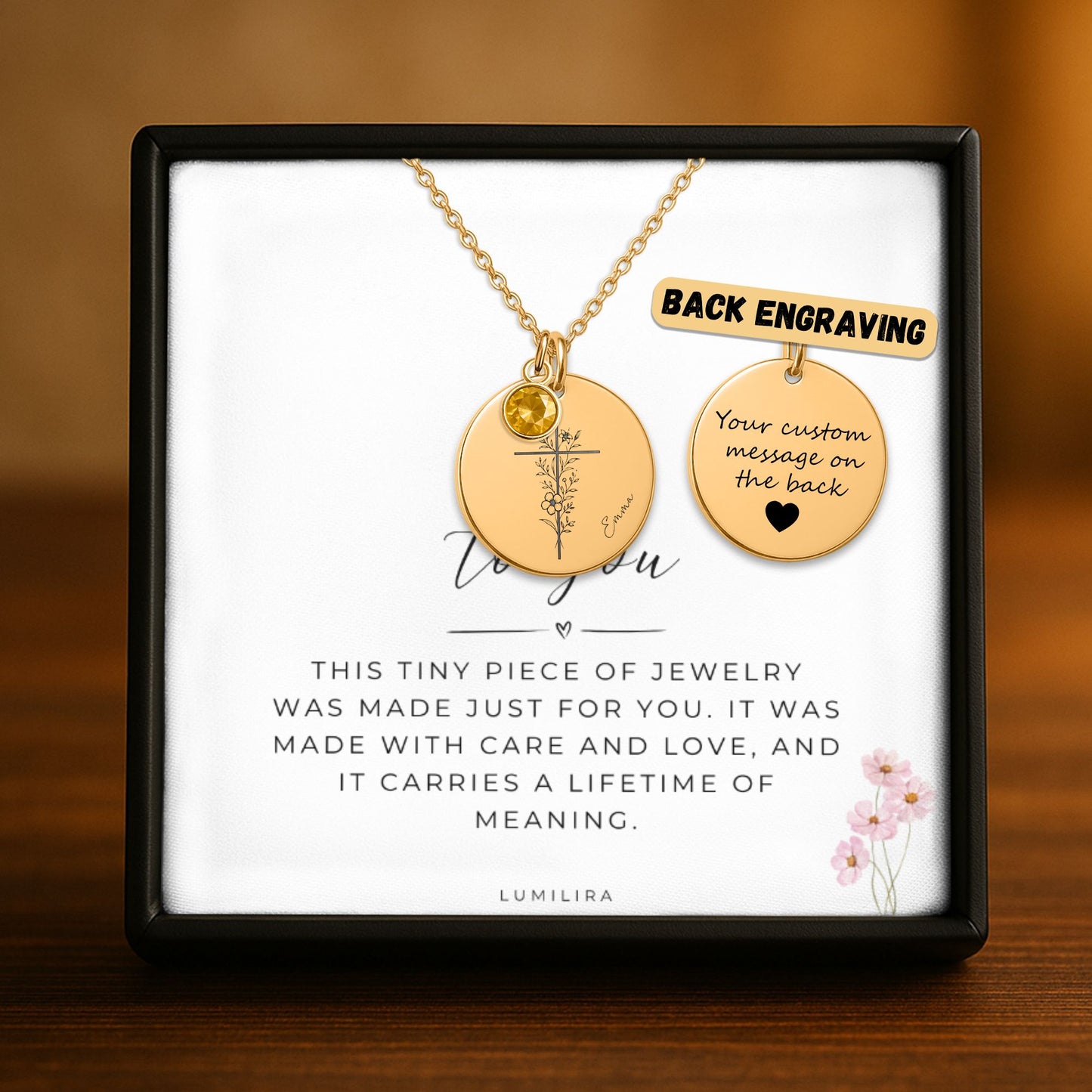 Personalized Floral Cross Necklace: Custom Name and Birthstone Christian Gift for Women, Baptism or Faith Jewelry