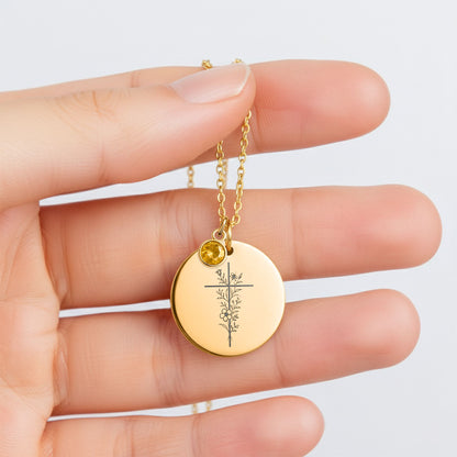 Floral Cross Necklace with Birth Flower: Personalized Christian Gift for Women, Faith and Spiritual Jewelry
