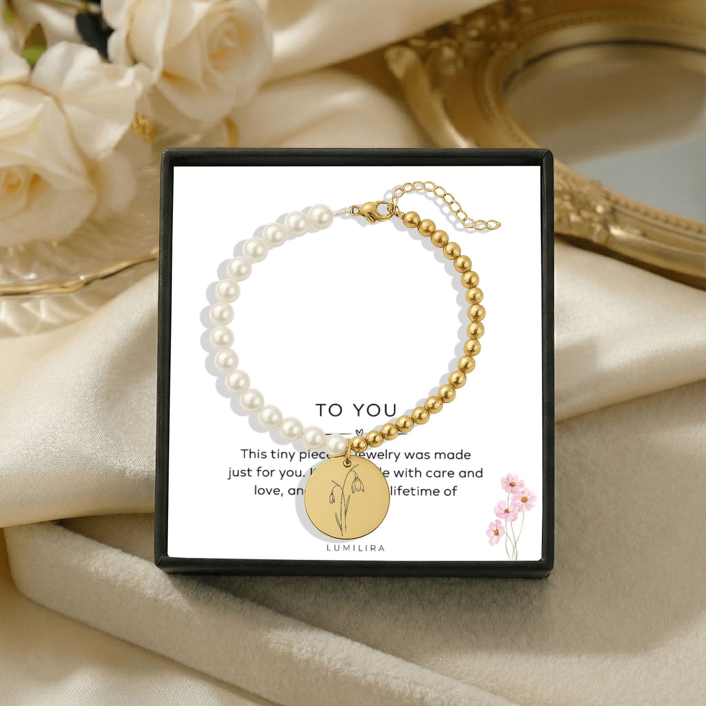 Engraved Birth Flower Bracelet with Pearls, Gift for Mom, Grandma Gift, Mother's Day Gift, Birth Month Flower Gift, Christmas Gifts for Her