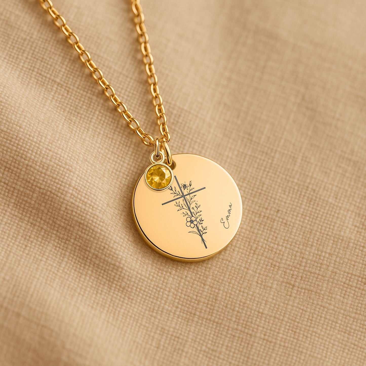 Personalized Floral Cross Necklace: Custom Name and Birthstone Christian Gift for Women, Baptism or Faith Jewelry