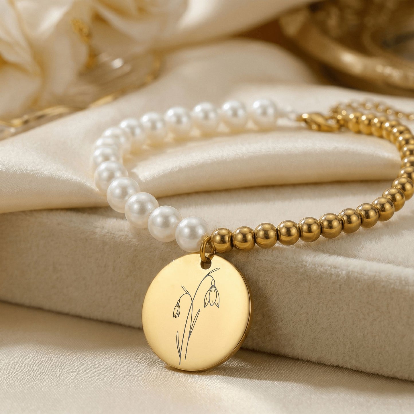 Custom Birth Flower Bracelet with Pearls, Birth Flower Jewelry Gifts for Her, Engraved Bracelet, Friendship Bracelet, Gifts For Daughter