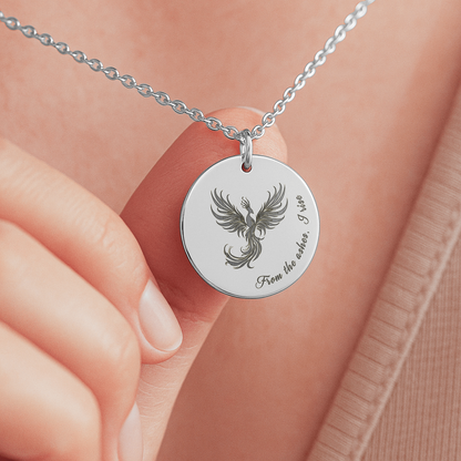 Engraved Phoenix Necklace – Rise Medallion, Encouragement Gift for Recovery & Divorce
