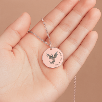 Engraved Phoenix Necklace – Rise Medallion, Encouragement Gift for Recovery & Divorce