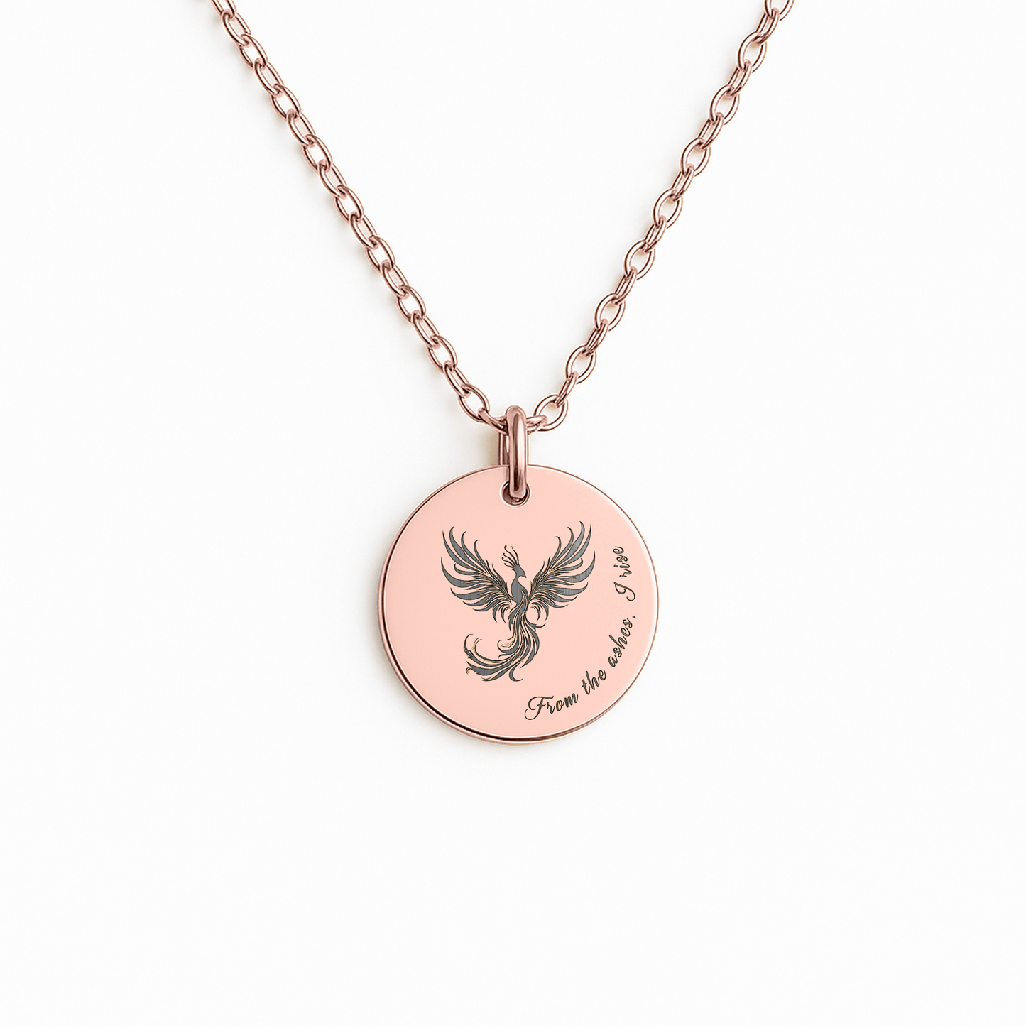 Engraved Phoenix Necklace – Rise Medallion, Encouragement Gift for Recovery & Divorce